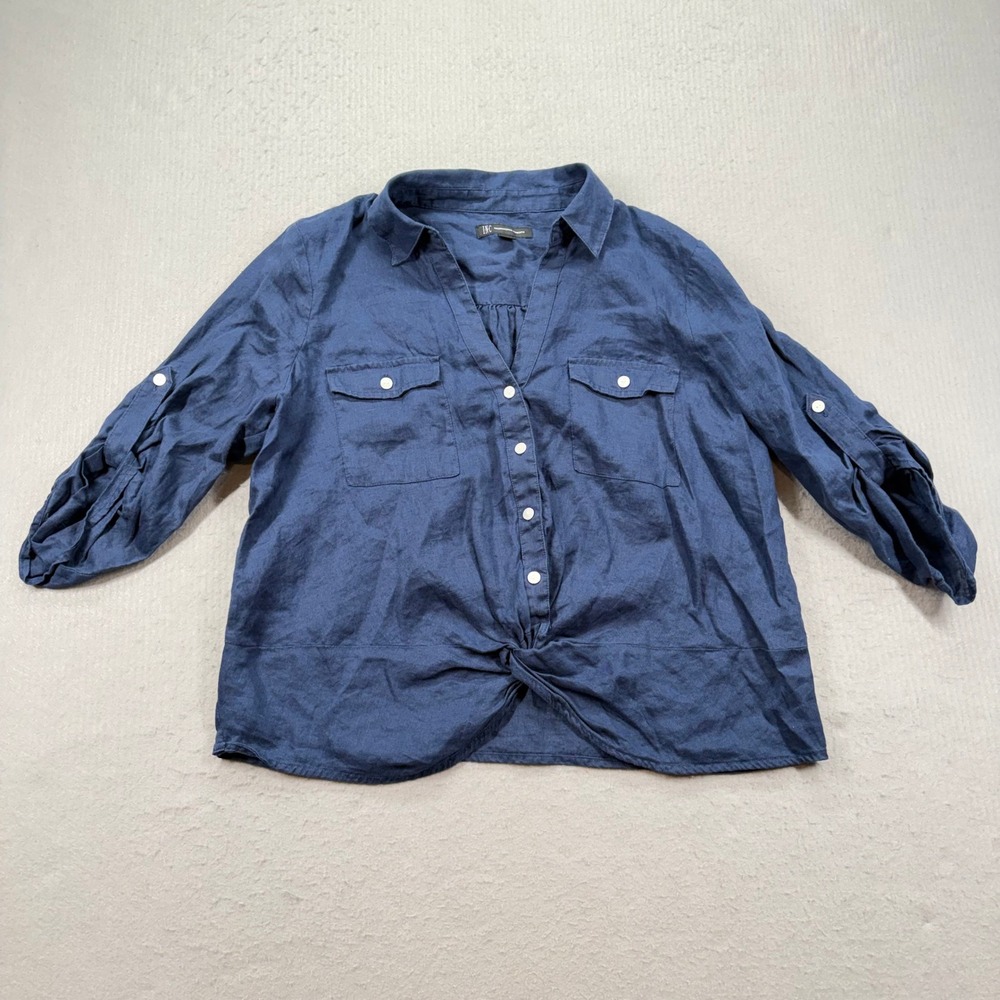 INC International Concepts Button Up Women XL Blue Linen Twist Front Roll Tab